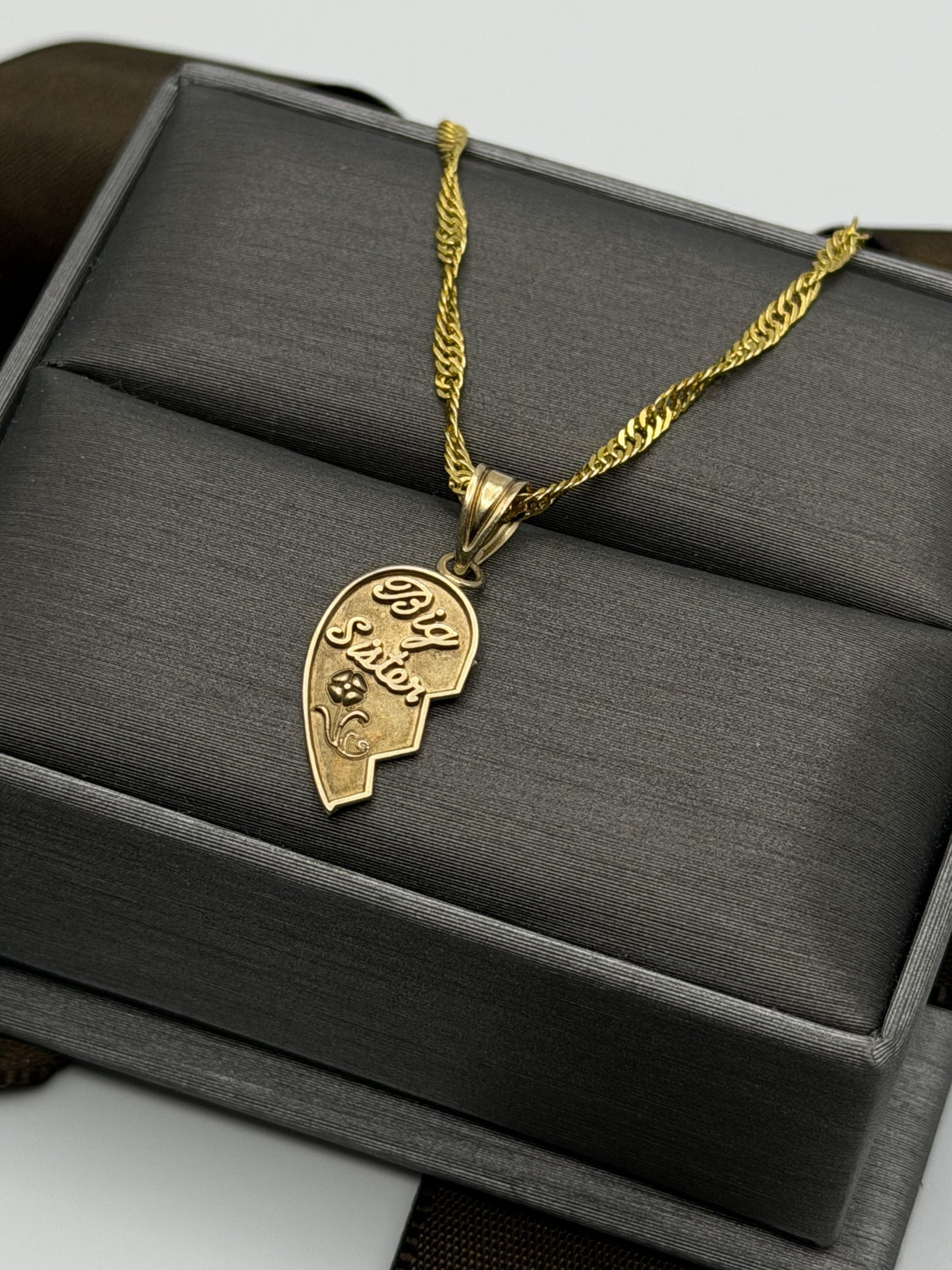 14k Yellow Gold Half Heart Big Sister Pendant Necklace + Comp 18k GF Chain