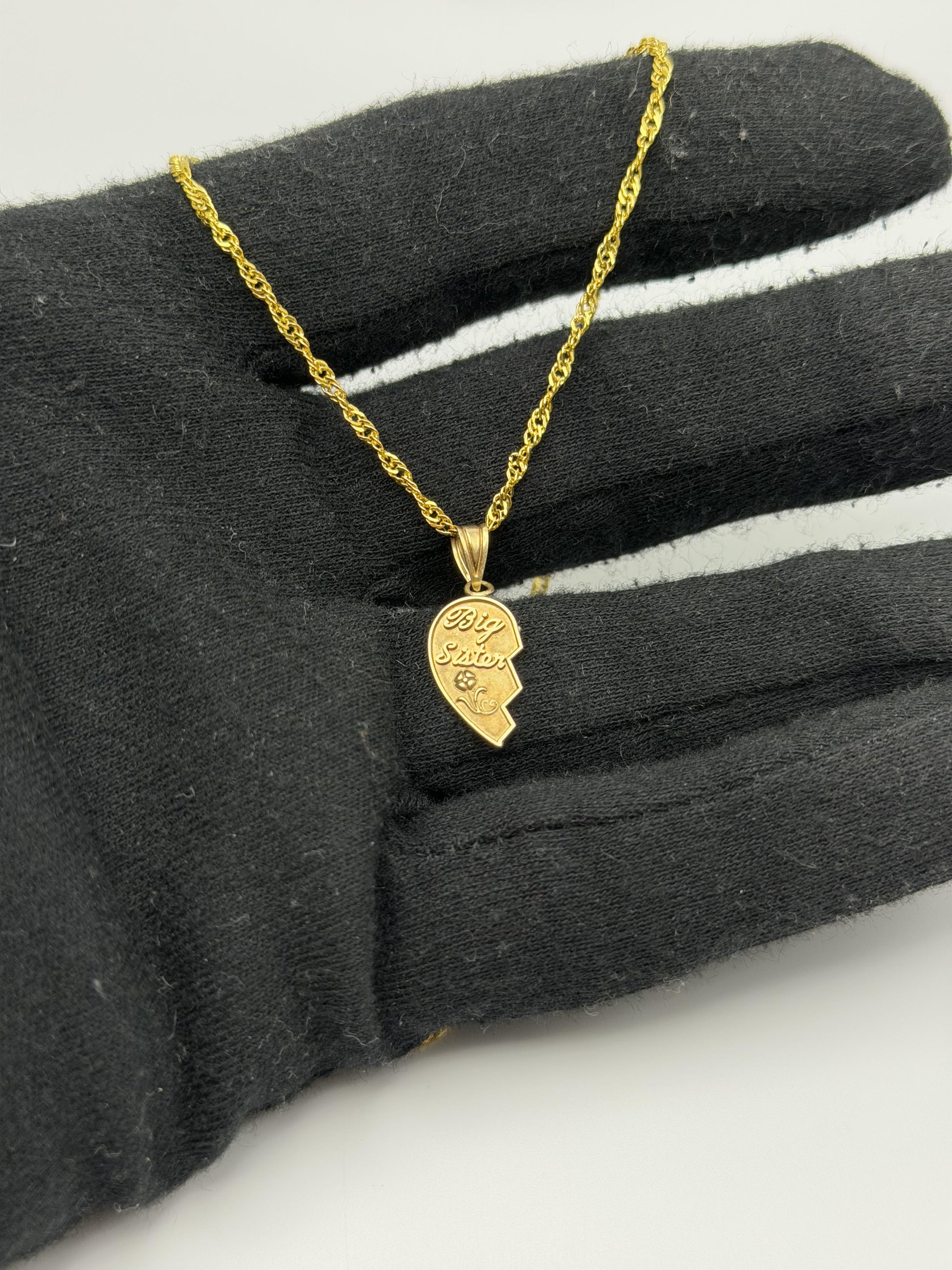 14k Yellow Gold Half Heart Big Sister Pendant Necklace + Comp 18k GF Chain
