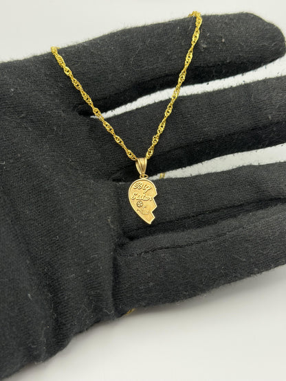 14k Yellow Gold Half Heart Big Sister Pendant Necklace + Comp 18k GF Chain