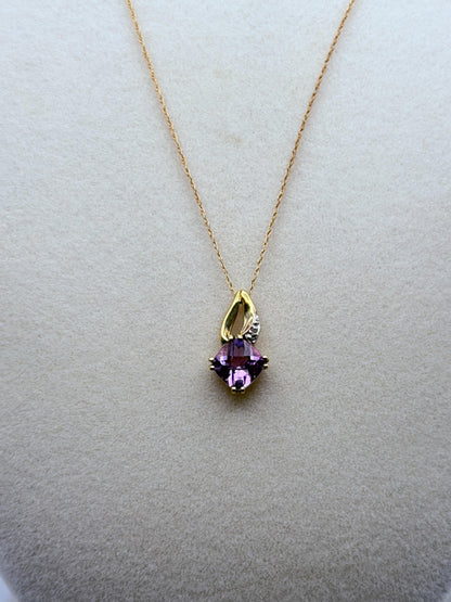 10k Yellow Gold Amethyst Diamond Pendant Necklace 18" Chain