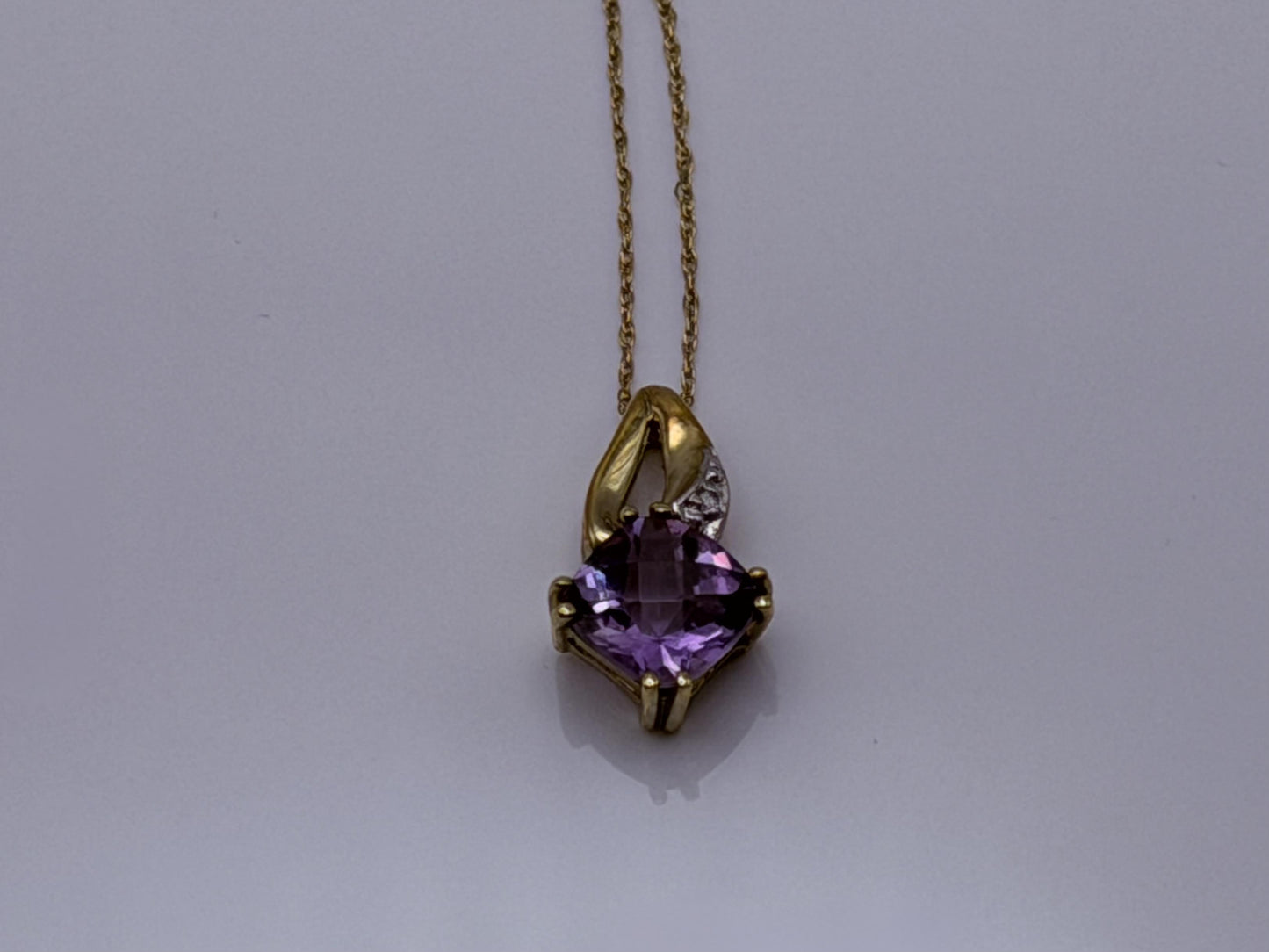10k Yellow Gold Amethyst Diamond Pendant Necklace 18" Chain
