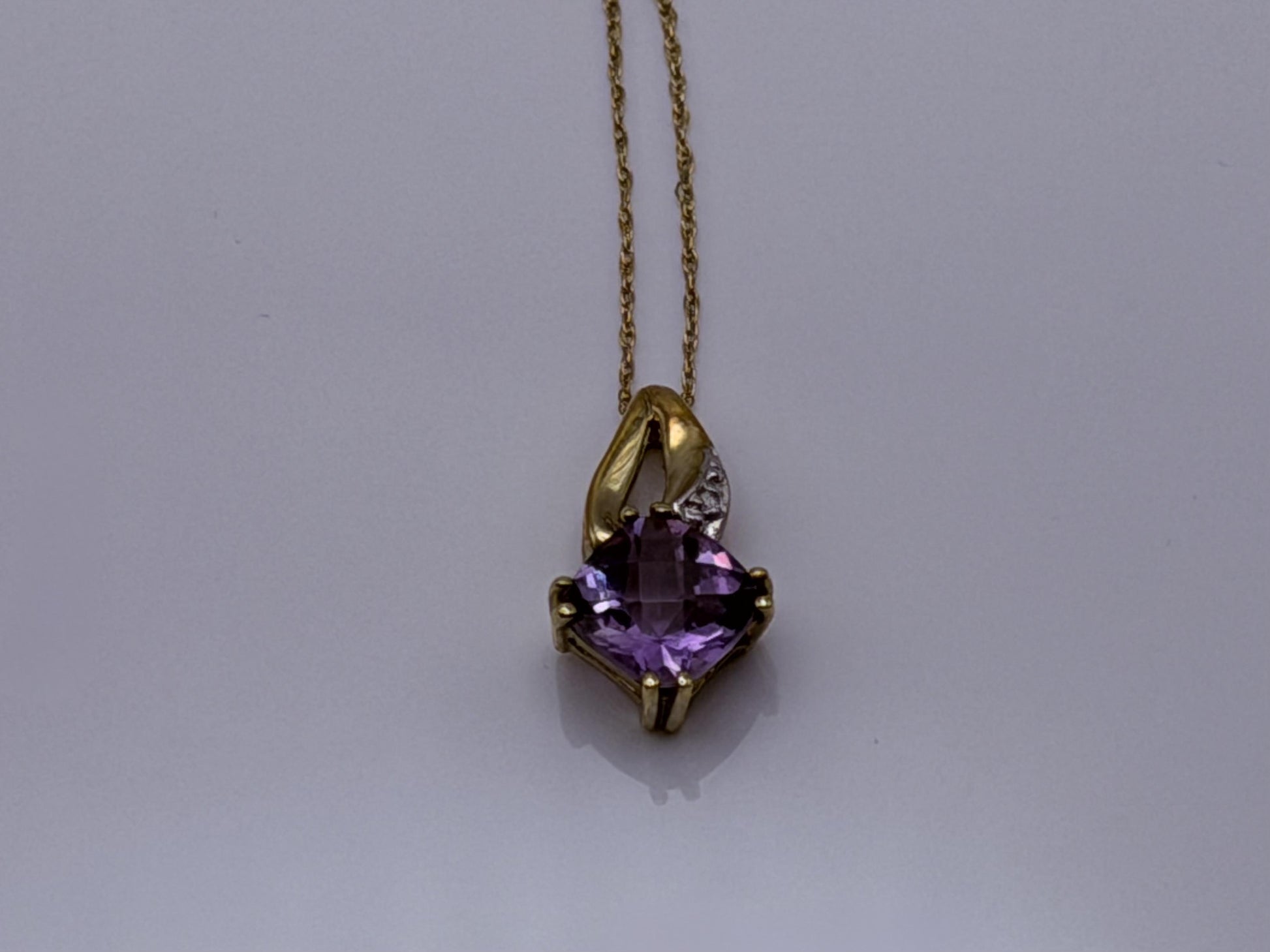 10k Yellow Gold Amethyst Diamond Pendant Necklace 18" Chain