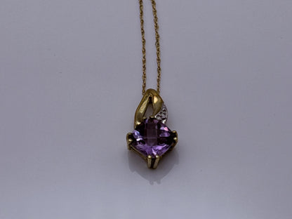 10k Yellow Gold Amethyst Diamond Pendant Necklace 18" Chain