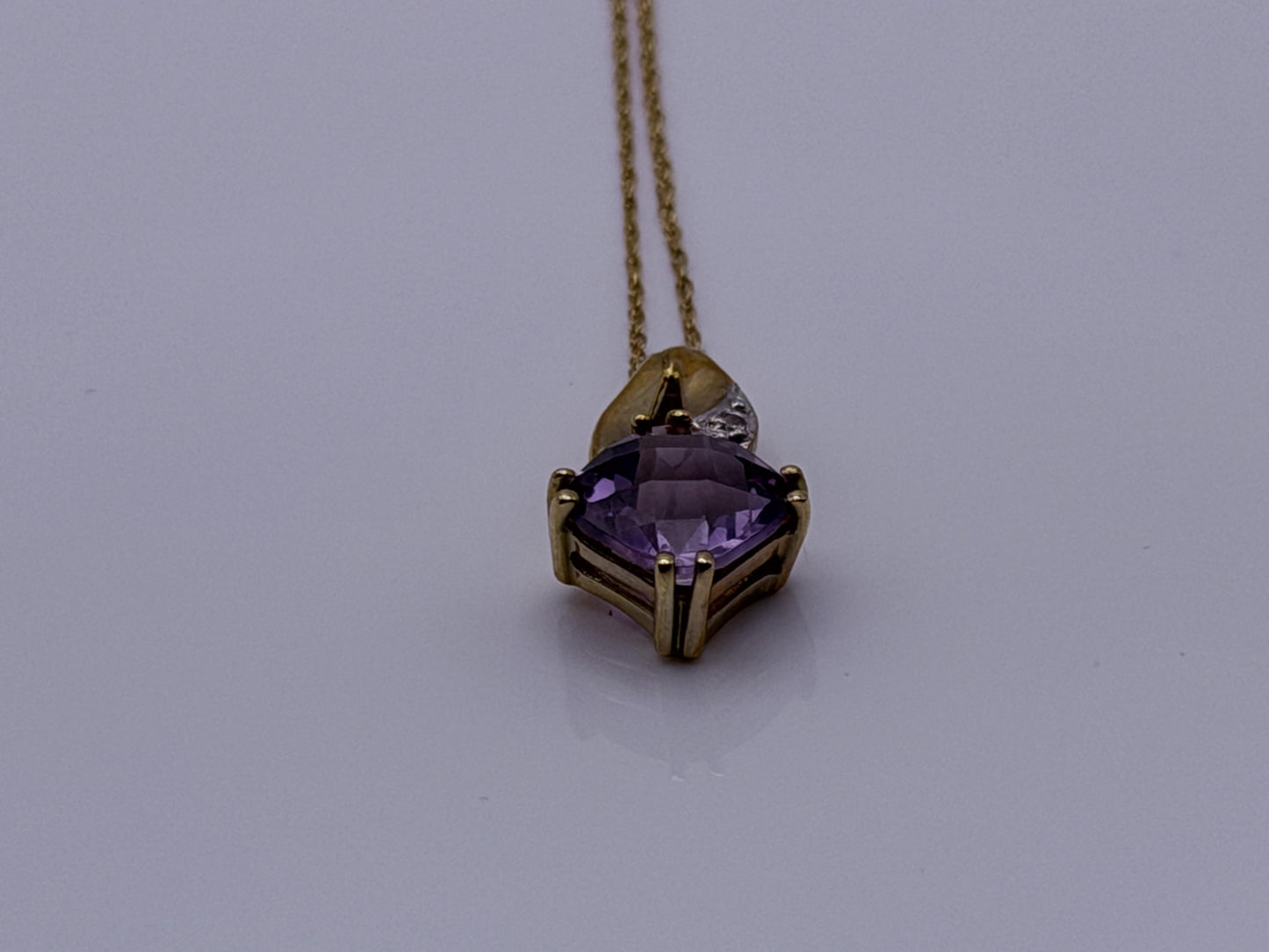 10k Yellow Gold Amethyst Diamond Pendant Necklace 18" Chain