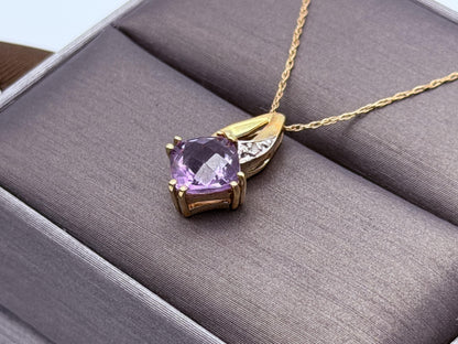 10k Yellow Gold Amethyst Diamond Pendant Necklace 18" Chain