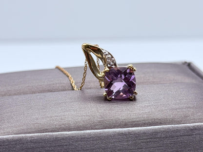 10k Yellow Gold Amethyst Diamond Pendant Necklace 18" Chain