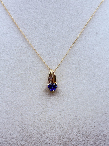 10k Gold Diamond & Blue Sapphire Heart Love Pendant 18" Chain Necklace