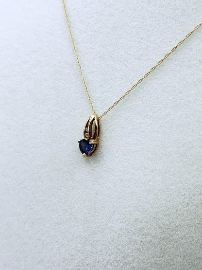10k Gold Diamond & Blue Sapphire Heart Love Pendant 18" Chain Necklace