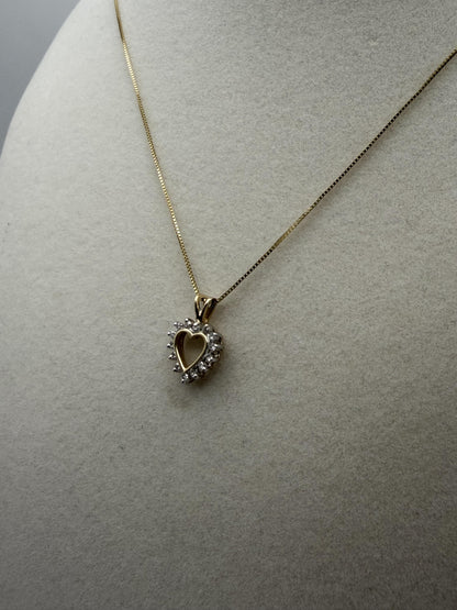14K Yellow Gold  Diamond Love Heart Gold Box Chain Heart Pendant Necklace
