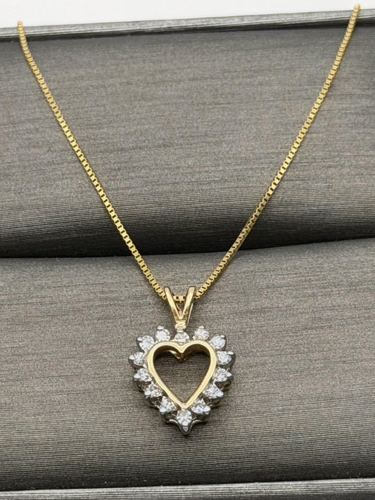 14K Yellow Gold  Diamond Love Heart Gold Box Chain Heart Pendant Necklace