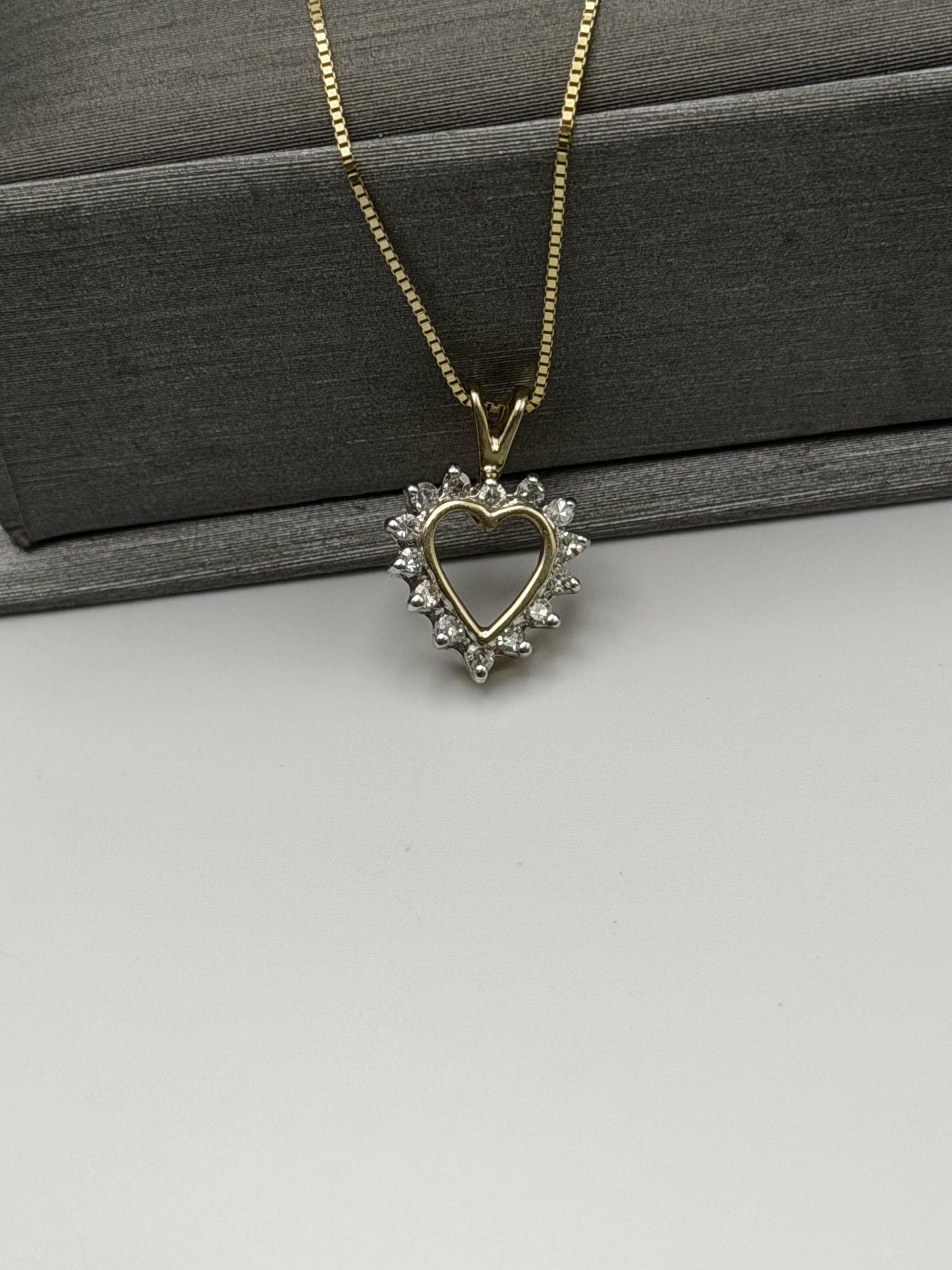 14K Yellow Gold  Diamond Love Heart Gold Box Chain Heart Pendant Necklace