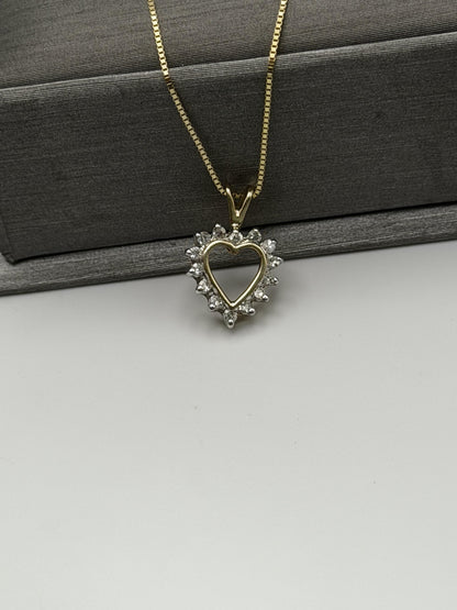 14K Yellow Gold  Diamond Love Heart Gold Box Chain Heart Pendant Necklace