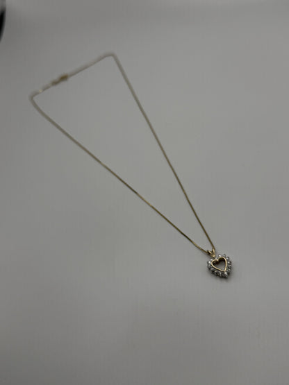 14K Yellow Gold  Diamond Love Heart Gold Box Chain Heart Pendant Necklace