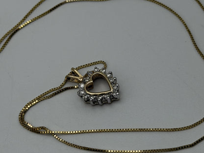 14K Yellow Gold  Diamond Love Heart Gold Box Chain Heart Pendant Necklace