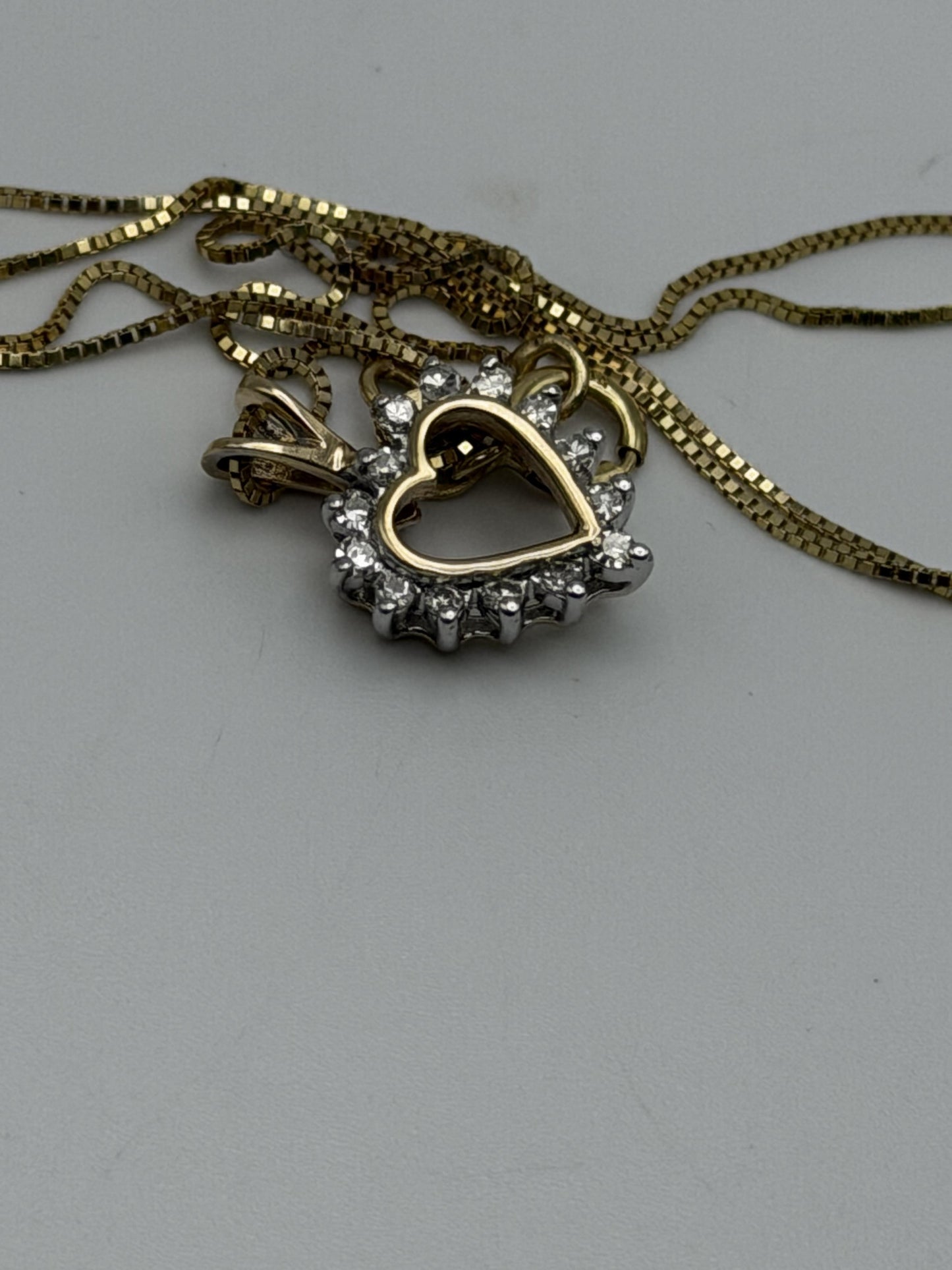 14K Yellow Gold  Diamond Love Heart Gold Box Chain Heart Pendant Necklace