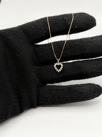 14K Yellow Gold  Diamond Love Heart Gold Box Chain Heart Pendant Necklace