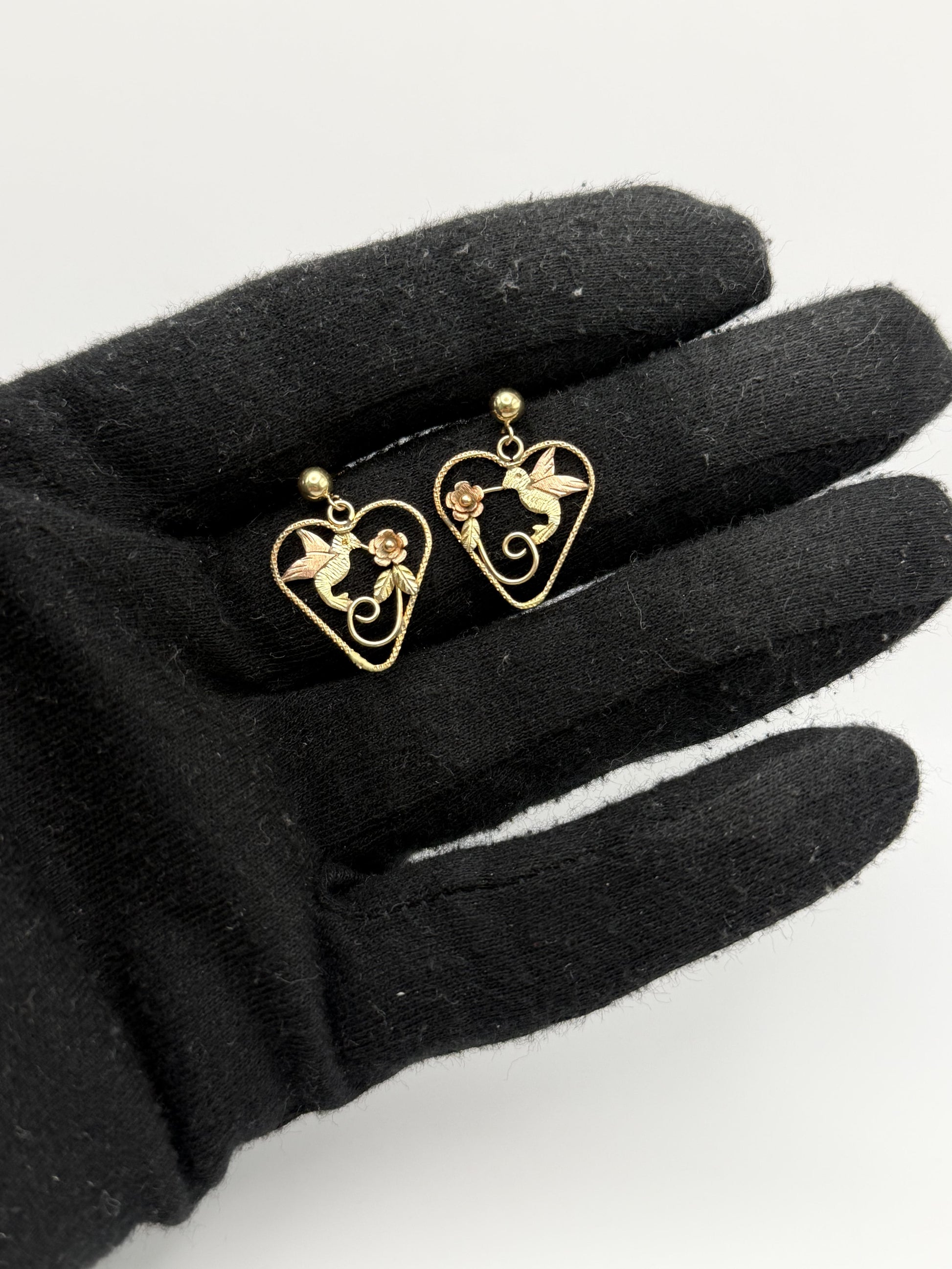 10K Black Hills Tri-Color Heart Earrings Floral Leaf Design  Romantic Dangle