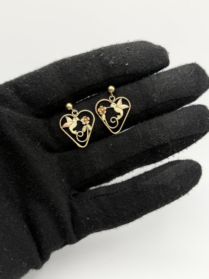 10K Black Hills Tri-Color Heart Earrings Floral Leaf Design  Romantic Dangle