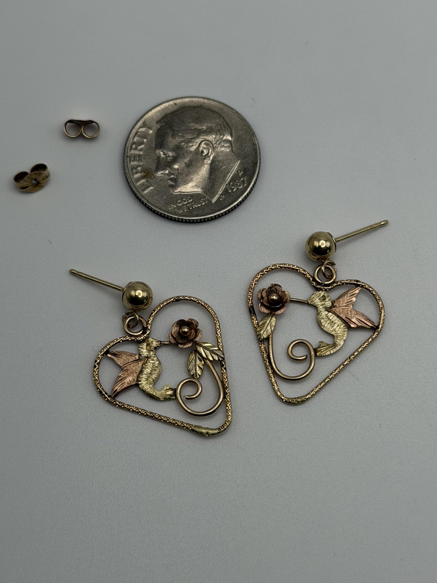 10K Black Hills Tri-Color Heart Earrings Floral Leaf Design  Romantic Dangle