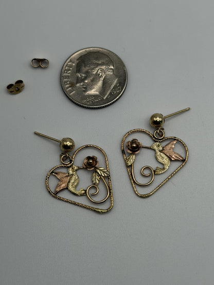 10K Black Hills Tri-Color Heart Earrings Floral Leaf Design  Romantic Dangle