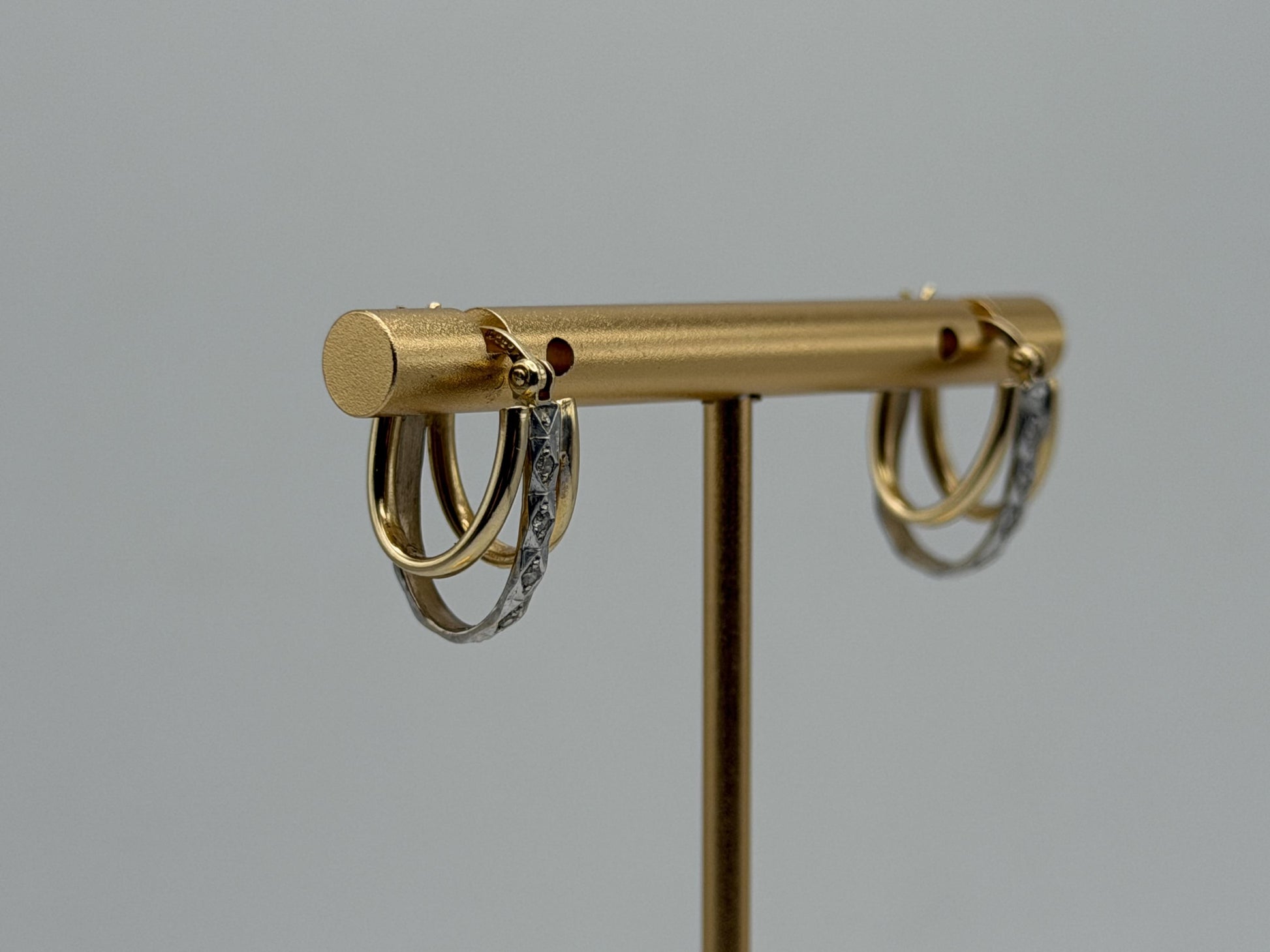 14k Yellow Gold Diamond Huggie Style Hoop Earrings Triple Hoop Diamond Earrings