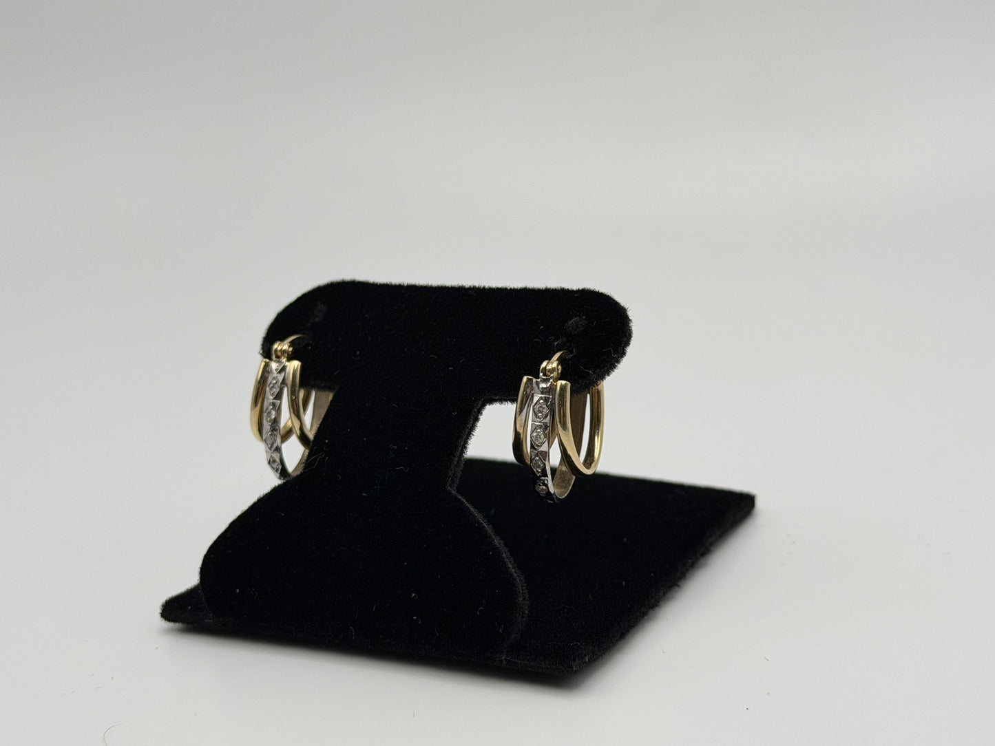 14k Yellow Gold Diamond Huggie Style Hoop Earrings Triple Hoop Diamond Earrings