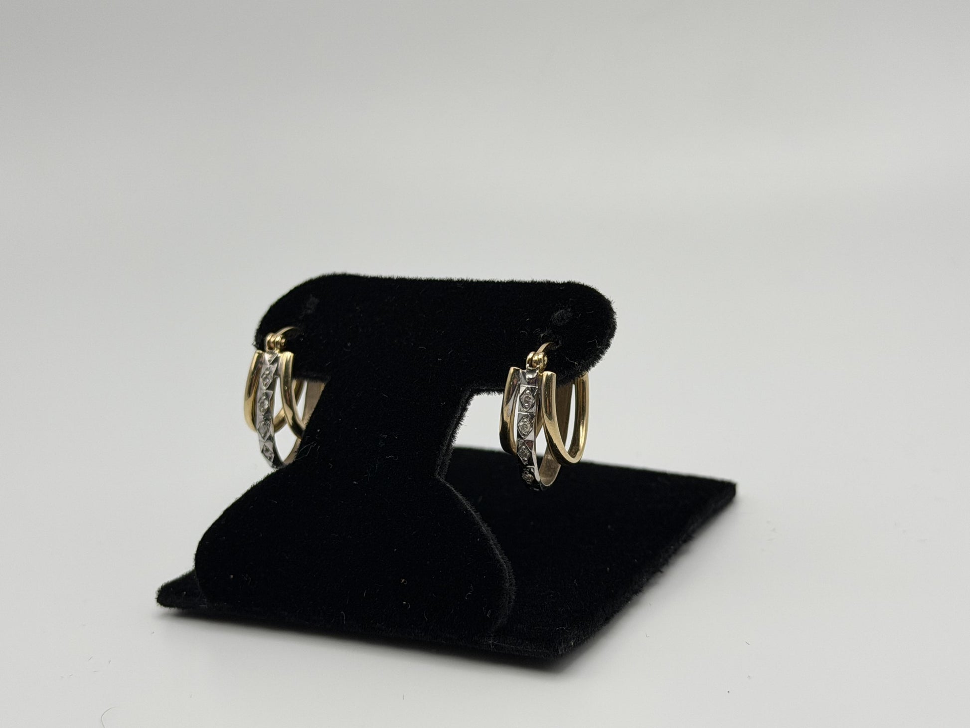 14k Yellow Gold Diamond Huggie Style Hoop Earrings Triple Hoop Diamond Earrings