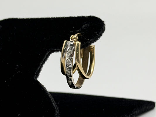 14k Yellow Gold Diamond Huggie Style Hoop Earrings Triple Hoop Diamond Earrings