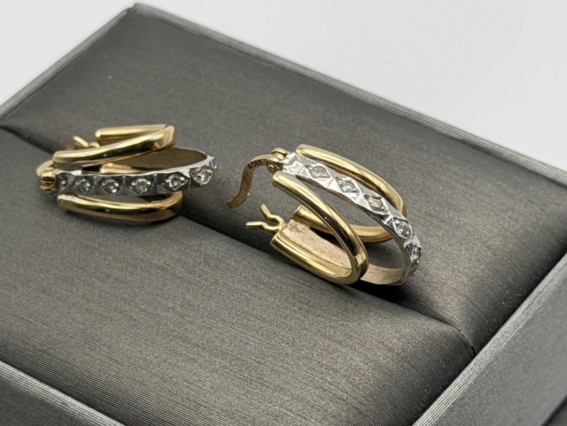 14k Yellow Gold Diamond Huggie Style Hoop Earrings Triple Hoop Diamond Earrings