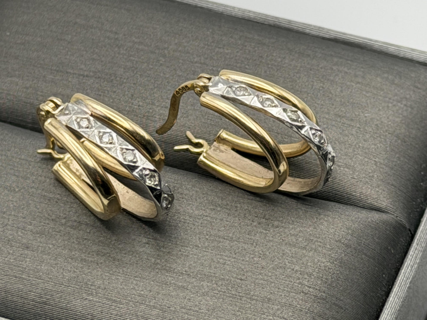 14k Yellow Gold Diamond Huggie Style Hoop Earrings Triple Hoop Diamond Earrings