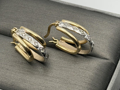14k Yellow Gold Diamond Huggie Style Hoop Earrings Triple Hoop Diamond Earrings