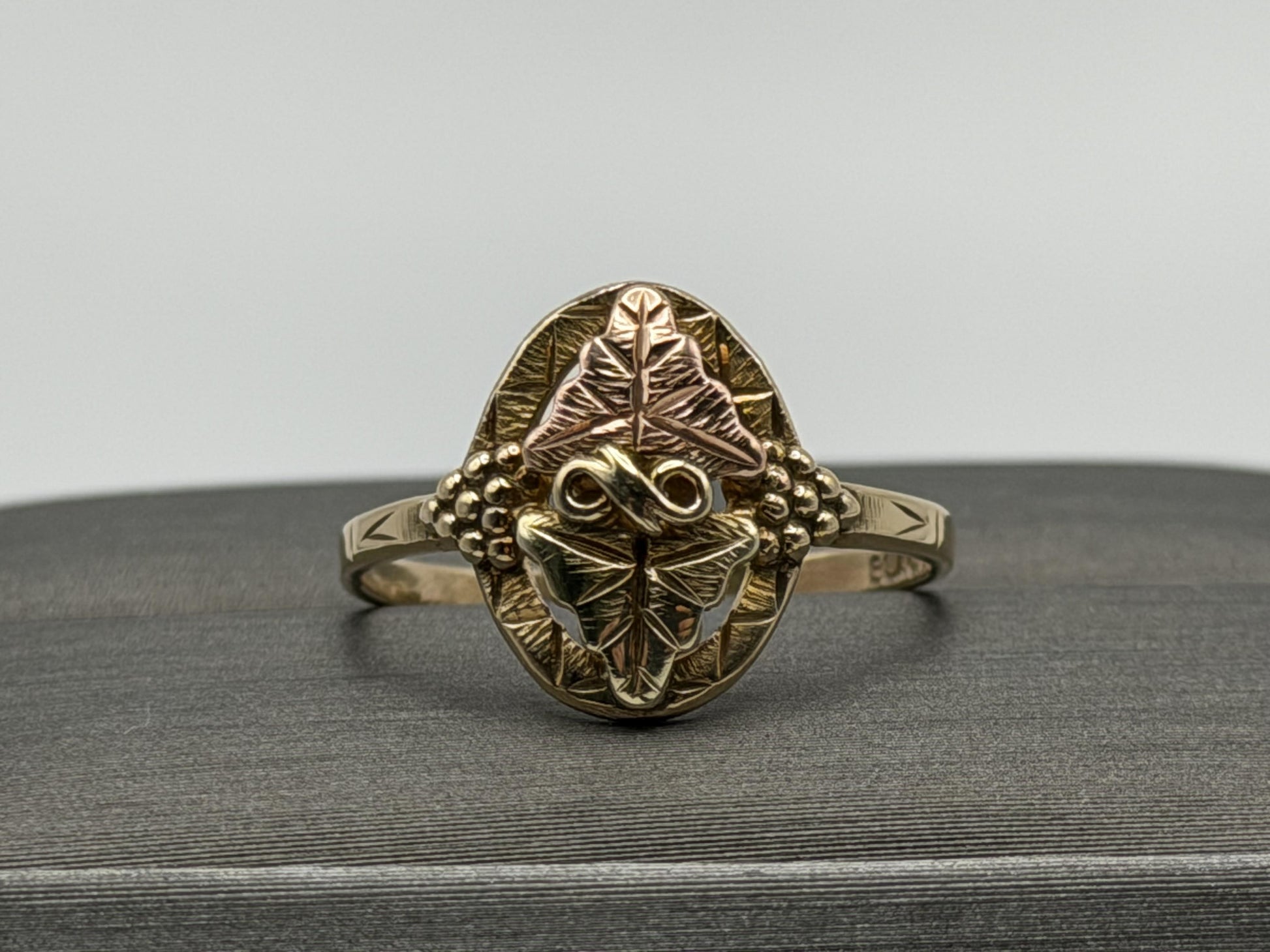 Vintage 10k Black Hills Gold Leaf and Vine Multi-Tone Gold Signet Statement Ring