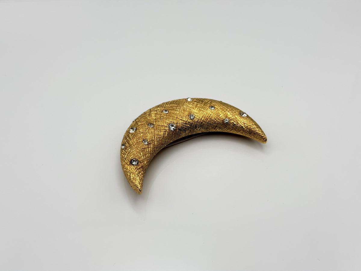 Real Christian Dior 18k Gold Plated Crescent Moon Brooch Pin Vintage Rhinestone