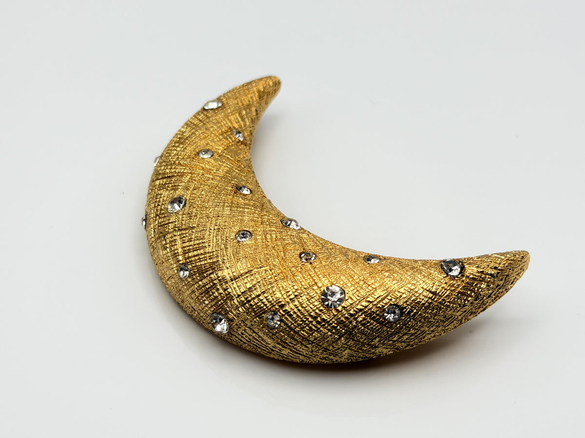 Real Christian Dior 18k Gold Plated Crescent Moon Brooch Pin Vintage Rhinestone