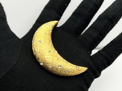 Real Christian Dior 18k Gold Plated Crescent Moon Brooch Pin Vintage Rhinestone