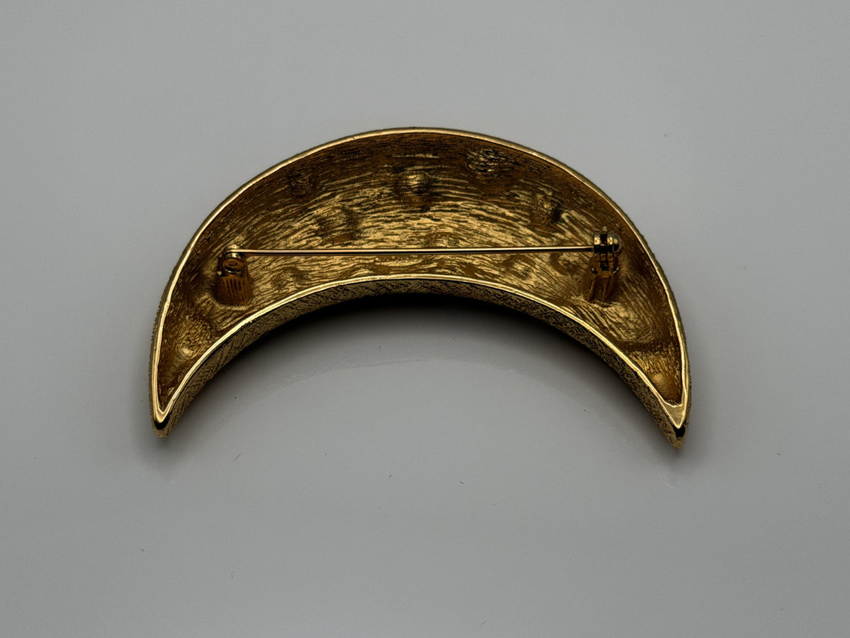Real Christian Dior 18k Gold Plated Crescent Moon Brooch Pin Vintage Rhinestone