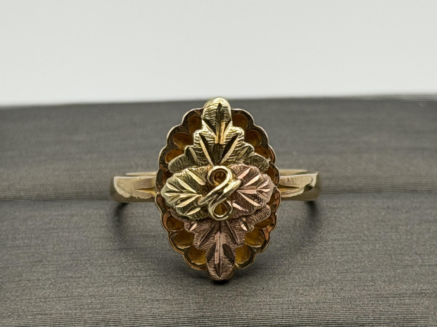 Vintage 10k Black Hills Gold Leaf Vine Shield Shape Multi-Tone Gold Signet