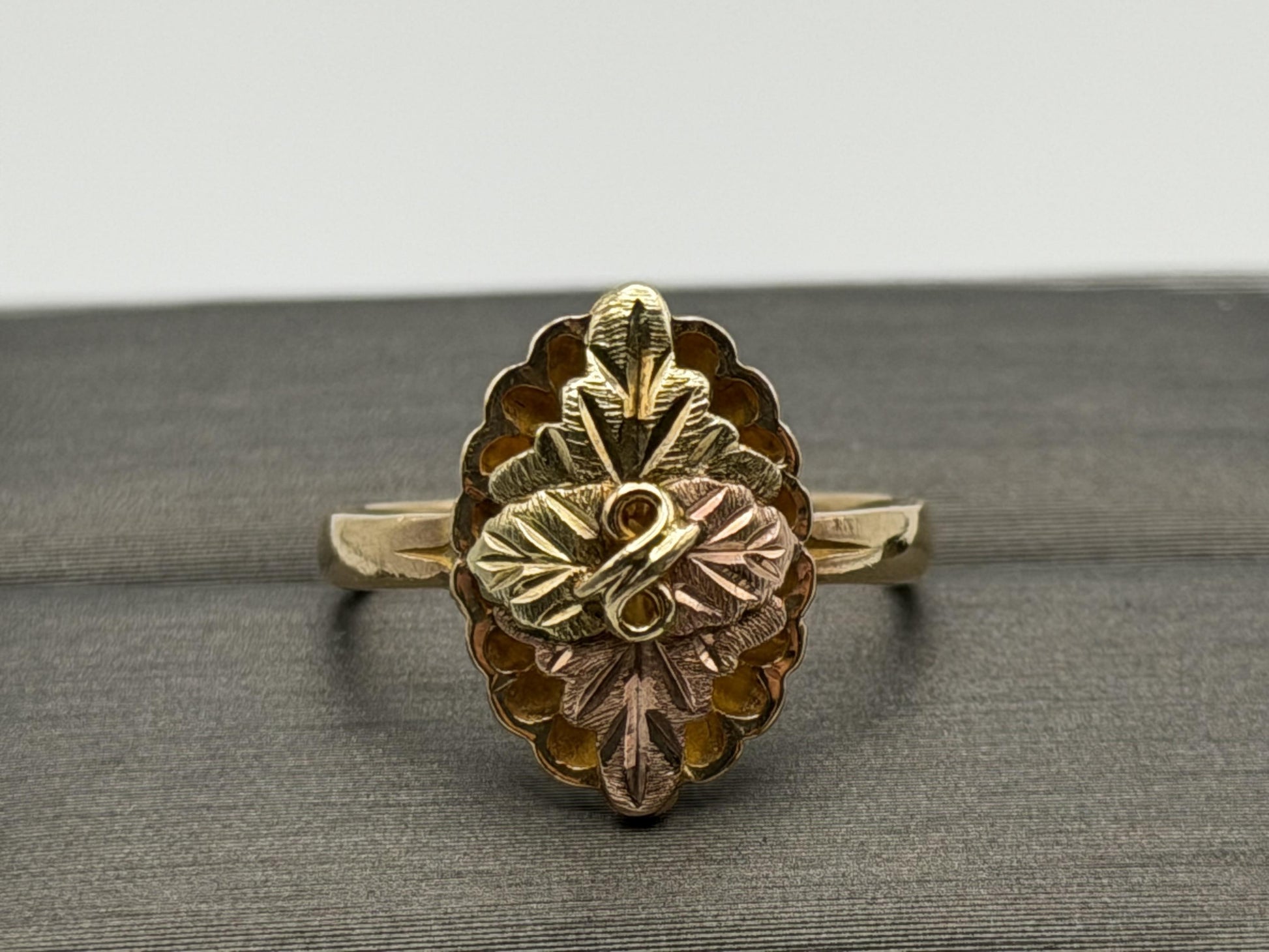 Vintage 10k Black Hills Gold Leaf Vine Shield Shape Multi-Tone Gold Signet