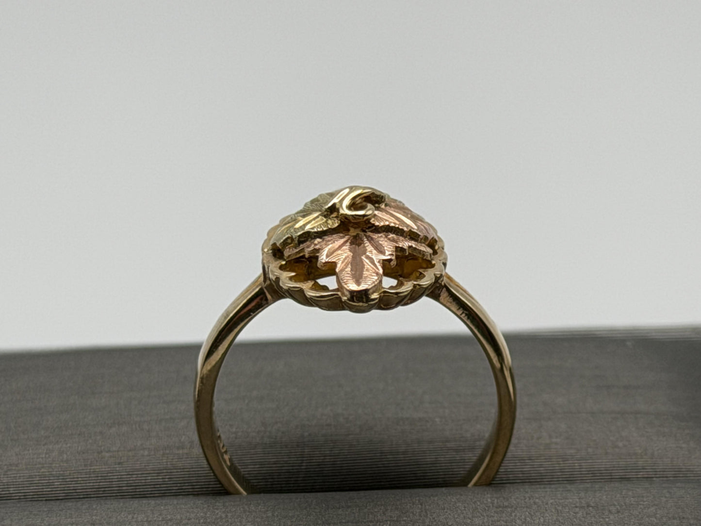 Vintage 10k Black Hills Gold Leaf Vine Shield Shape Multi-Tone Gold Signet