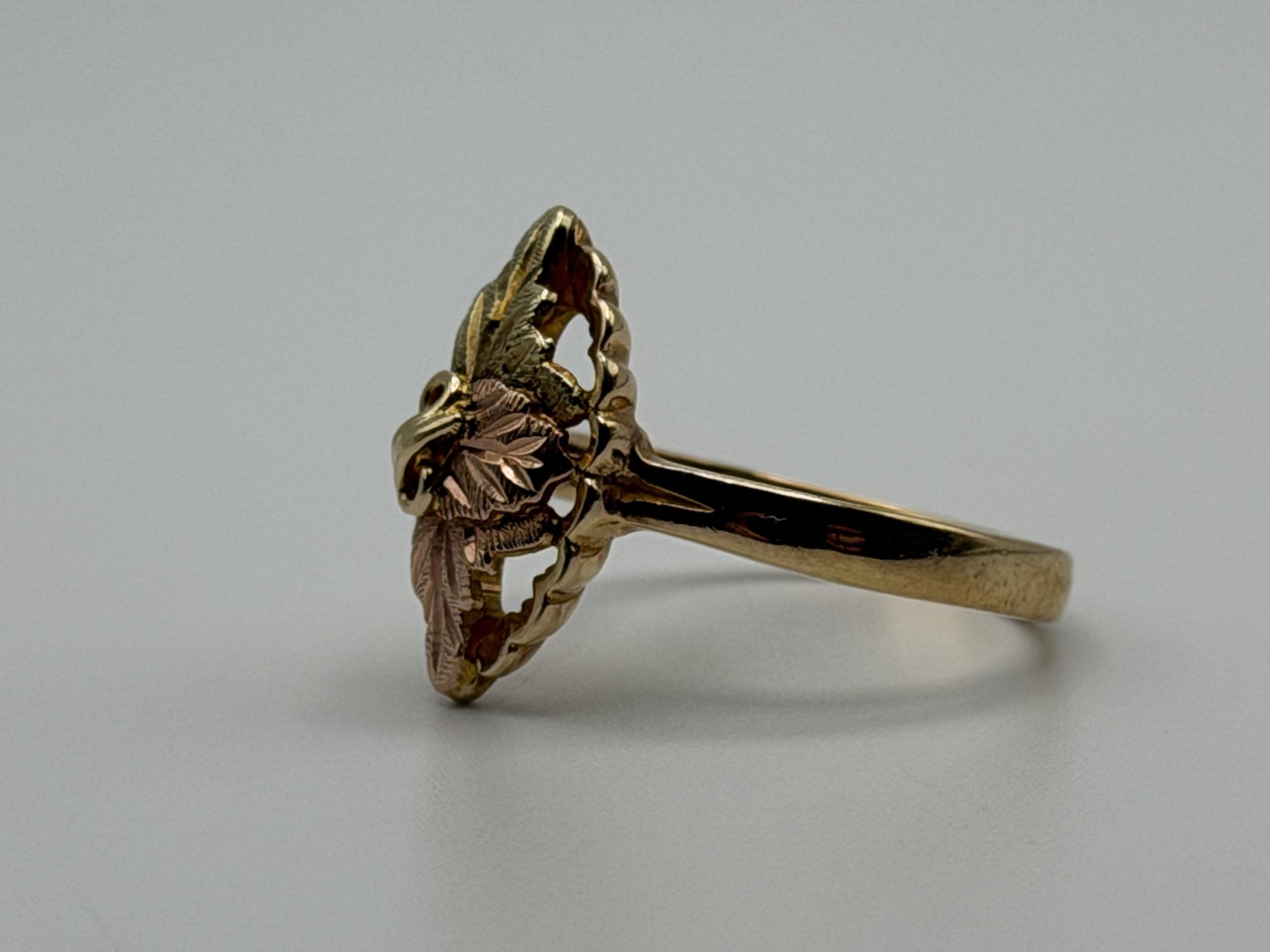 Vintage 10k Black Hills Gold Leaf Vine Shield Shape Multi-Tone Gold Signet