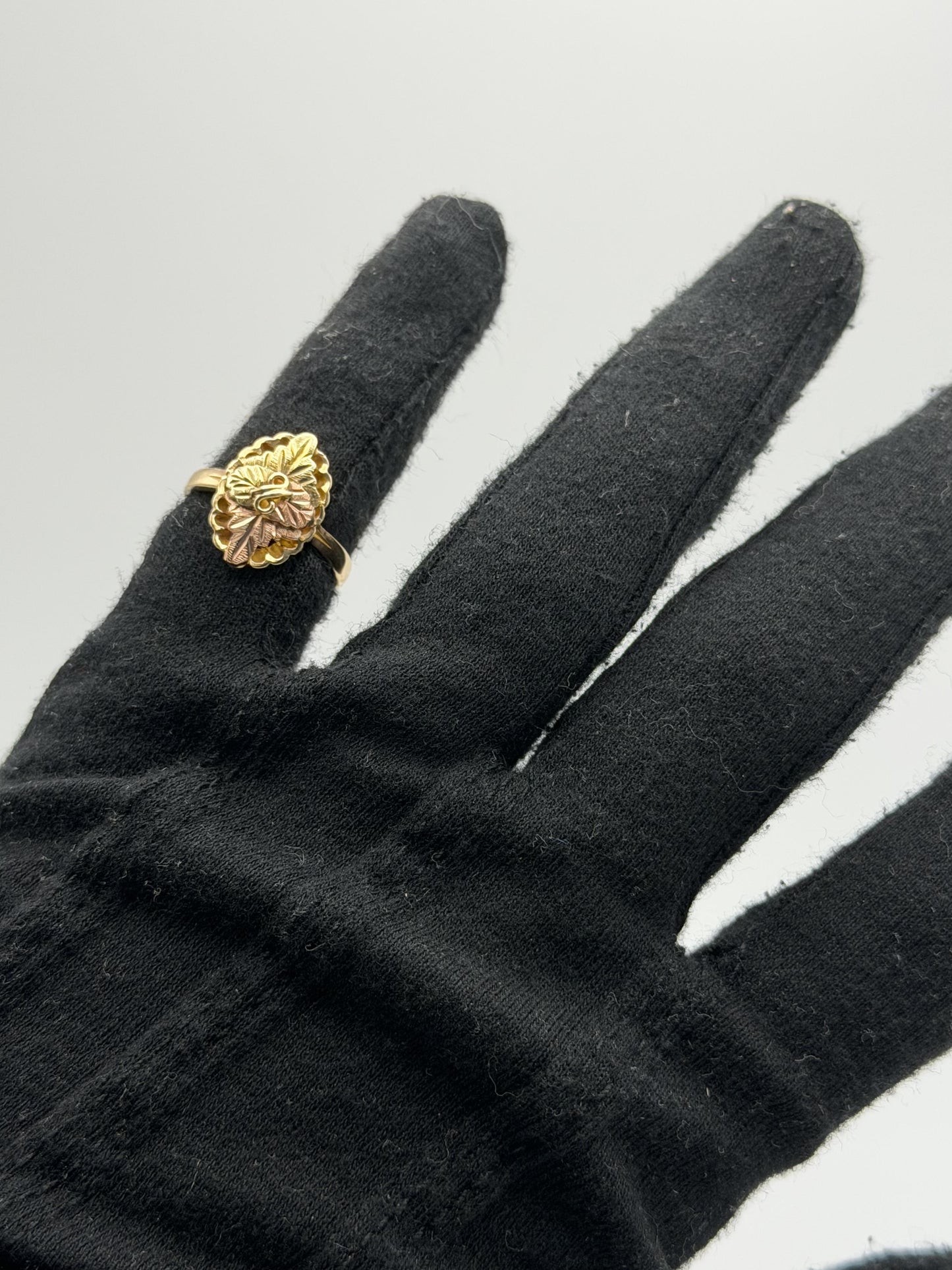 Vintage 10k Black Hills Gold Leaf Vine Shield Shape Multi-Tone Gold Signet