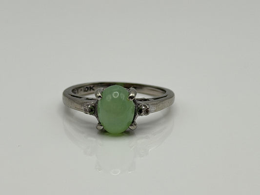 10K White Gold Green Sapphire Cabochon Ring Oval Ring Diamond Accents