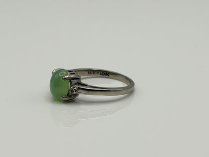 10K White Gold Green Sapphire Cabochon Ring Oval Ring Diamond Accents
