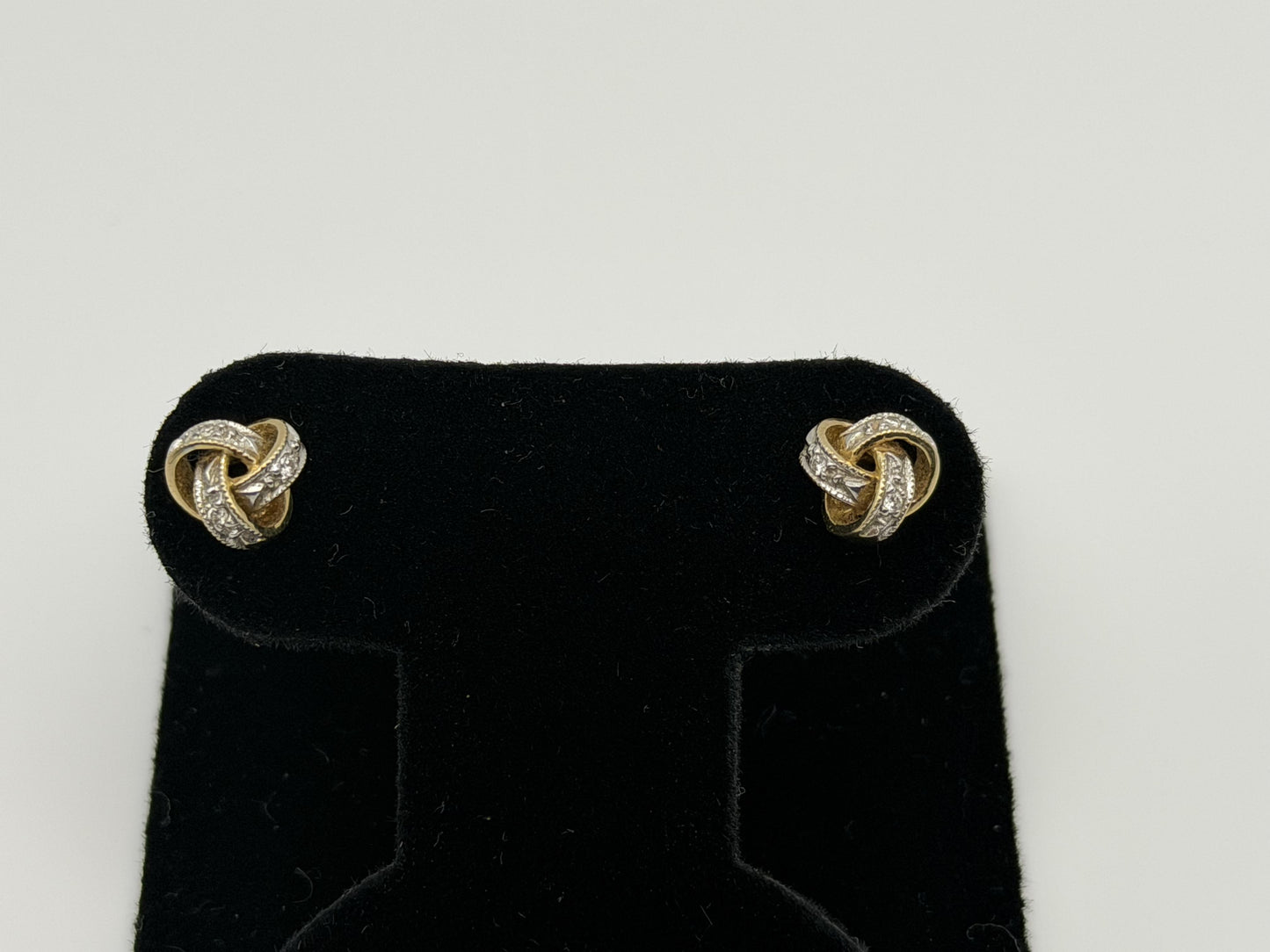Italy 14K Gold Diamond Knot Stud Earrings Elegant Two-Tone Rope Design Jewelry