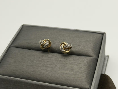 Italy 14K Gold Diamond Knot Stud Earrings Elegant Two-Tone Rope Design Jewelry