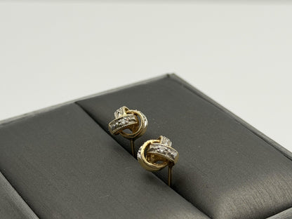 Italy 14K Gold Diamond Knot Stud Earrings Elegant Two-Tone Rope Design Jewelry