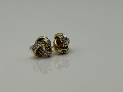 Italy 14K Gold Diamond Knot Stud Earrings Elegant Two-Tone Rope Design Jewelry