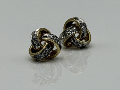 Italy 14K Gold Diamond Knot Stud Earrings Elegant Two-Tone Rope Design Jewelry