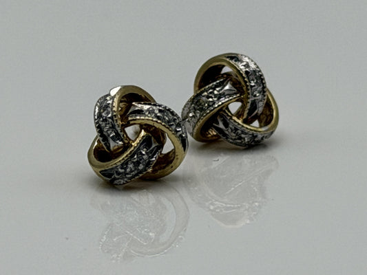 Italy 14K Gold Diamond Knot Stud Earrings Elegant Two-Tone Rope Design Jewelry