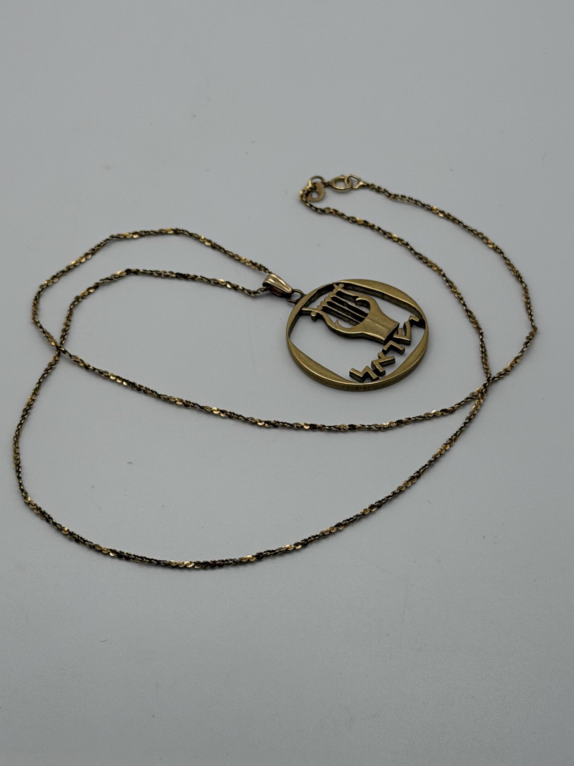 14K Gold Israel Aragot Silhouette Harp King David's Coin Pendant Necklace
